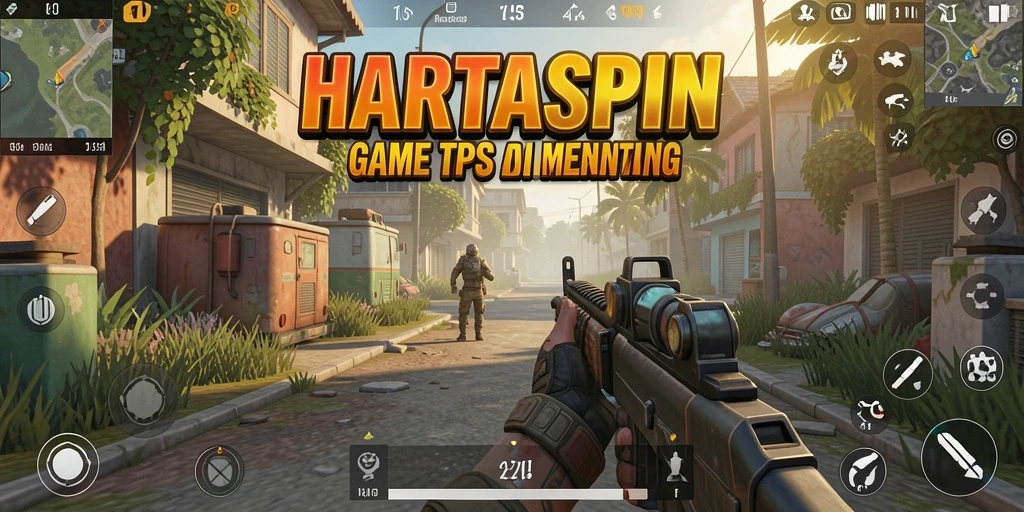Tangkapan layar utama HARTASPIN menampilkan aksi seru dalam gameplay TPS.