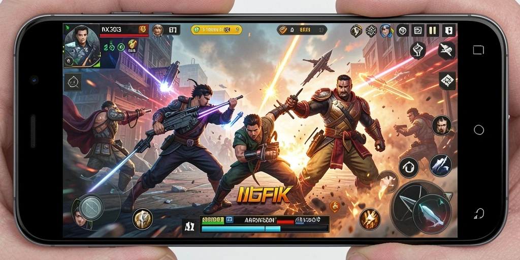 Tampilan gameplay NX303 dengan pertarungan menegangkan antar karakter.